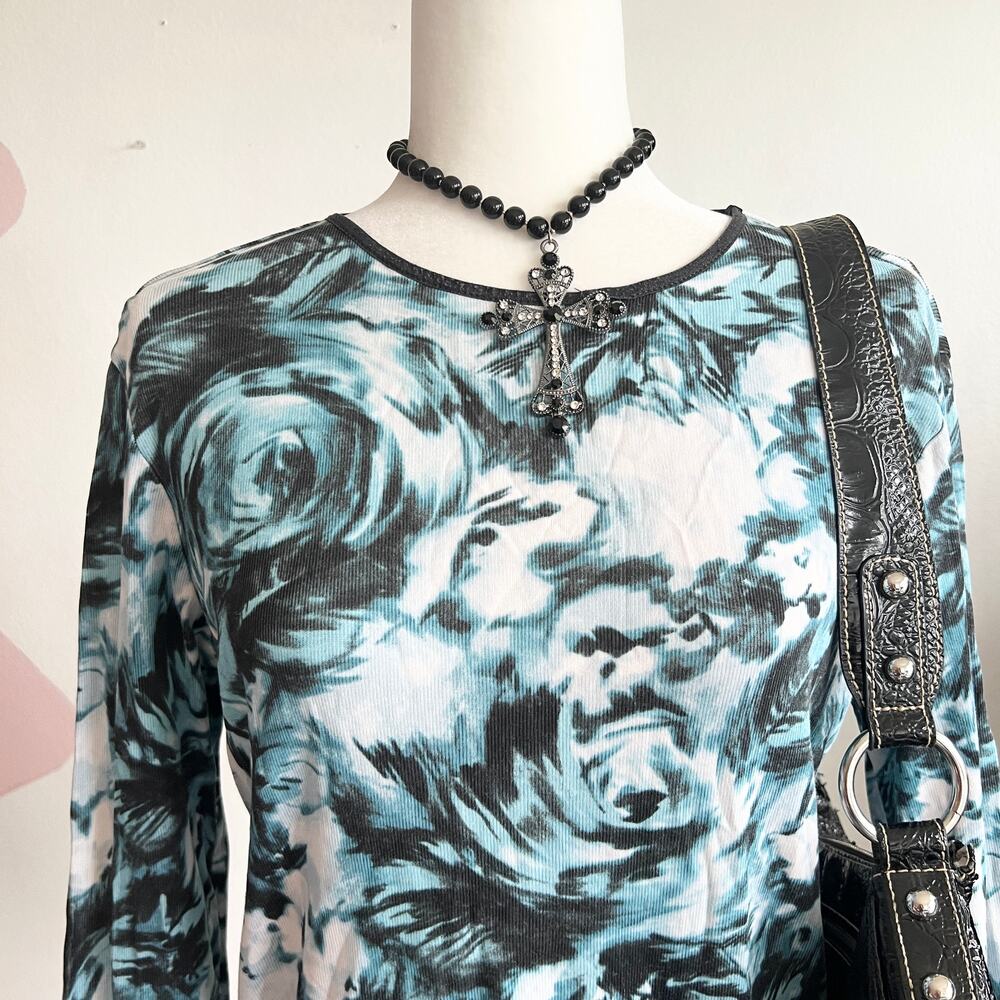 Vintage Blue Floral Top, Y2K‎ 2000s Grunge Indie Sleaze 90s Small - Picture 2 of 6